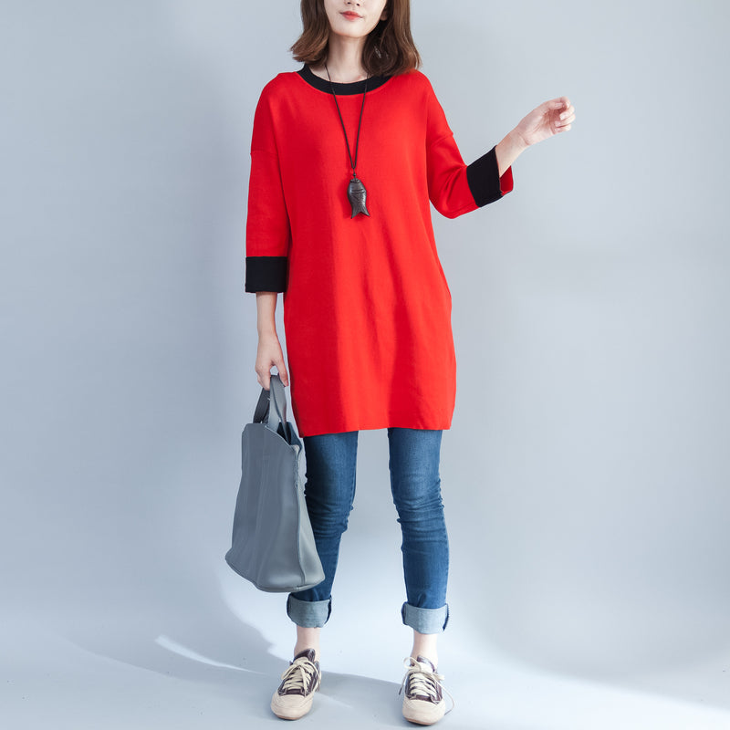 Herbst neue rot casual baumwolle stricken tops plus größe o neck