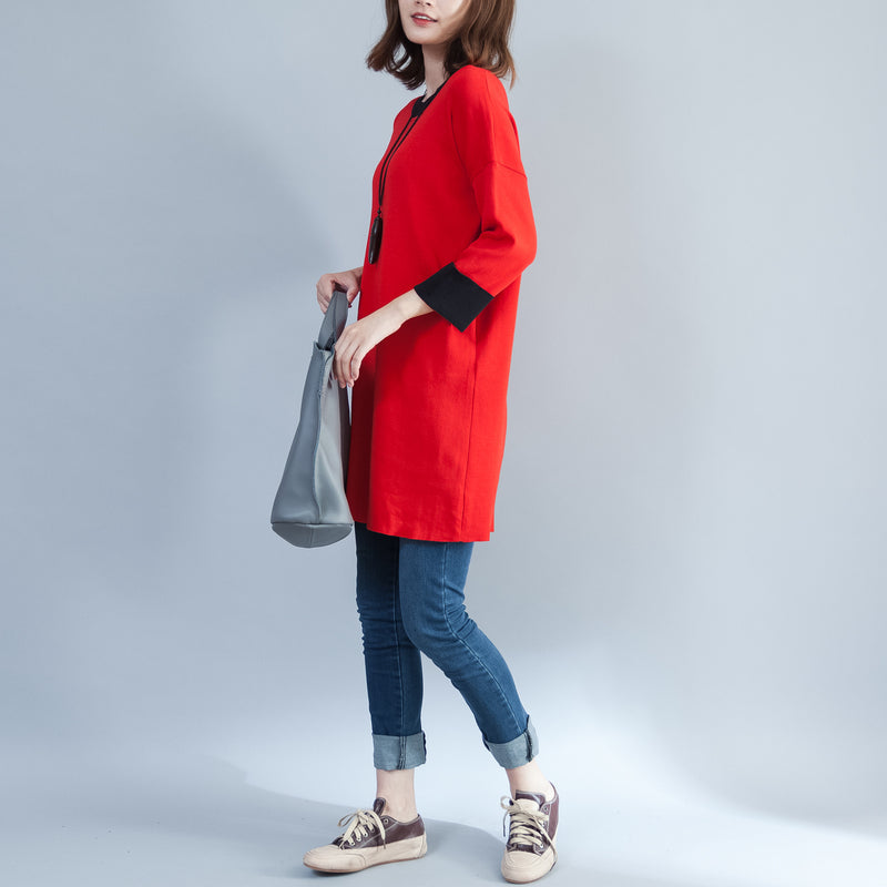 Herbst neue rot casual baumwolle stricken tops plus größe o neck