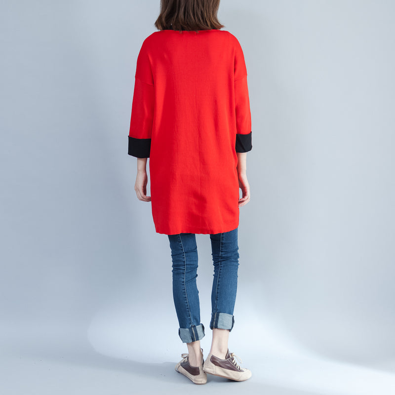 Herbst neue rot casual baumwolle stricken tops plus größe o neck