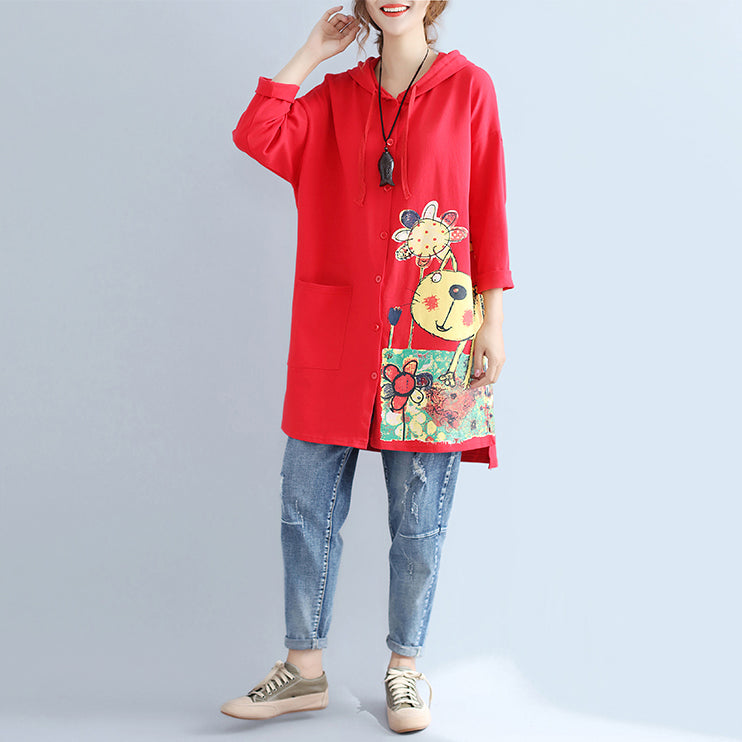 Herbst rot neue kapuzen baumwolle mäntel plus größe druck große tasche strickjacken outwear