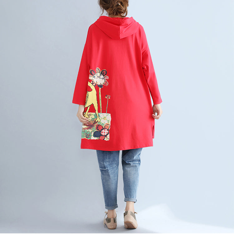 Herbst rot neue kapuzen baumwolle mäntel plus größe druck große tasche strickjacken outwear