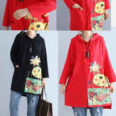 Herbst rot neue kapuzen baumwolle mäntel plus größe druck große tasche strickjacken outwear