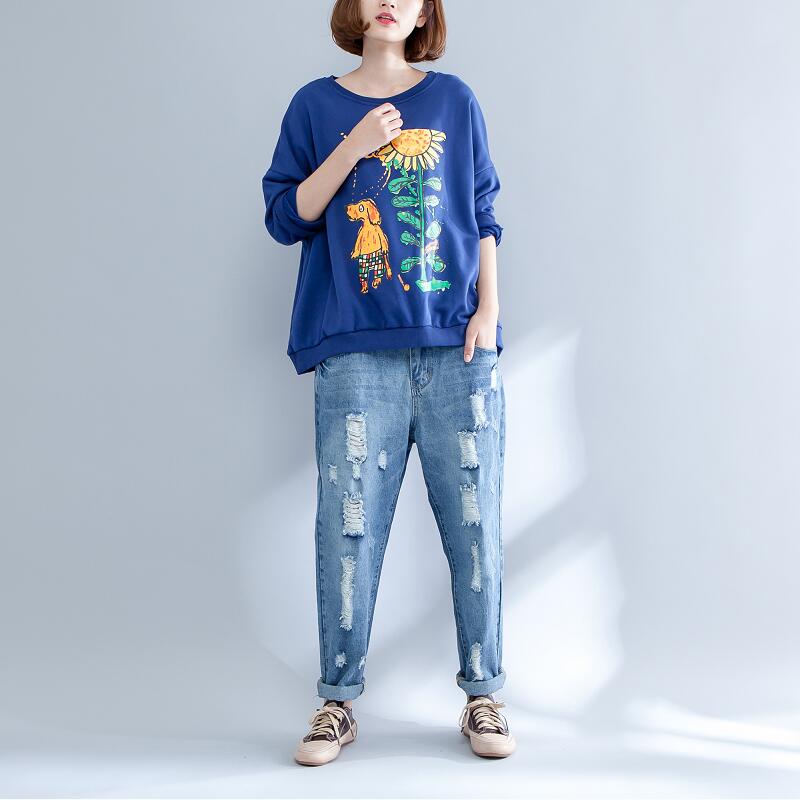 Herbst dicke warme Baumwolloberteile Übergröße O-Ausschnitt Prints Pullover