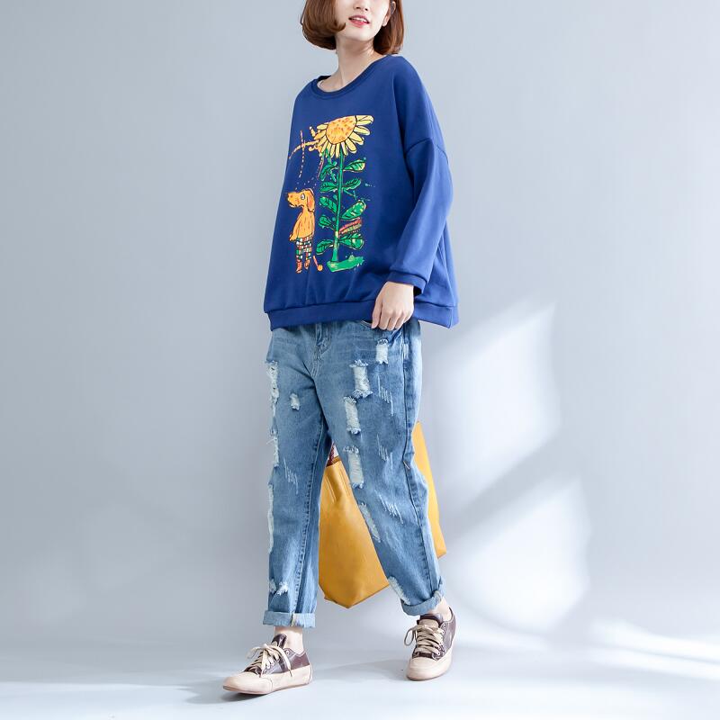 Herbst dicke warme Baumwolloberteile Übergröße O-Ausschnitt Prints Pullover