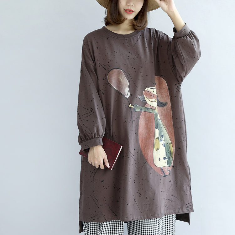 Herbst warme khaki Cartoon Print Baumwollkleider Plus Size Laternenärmel Pulloverkleid