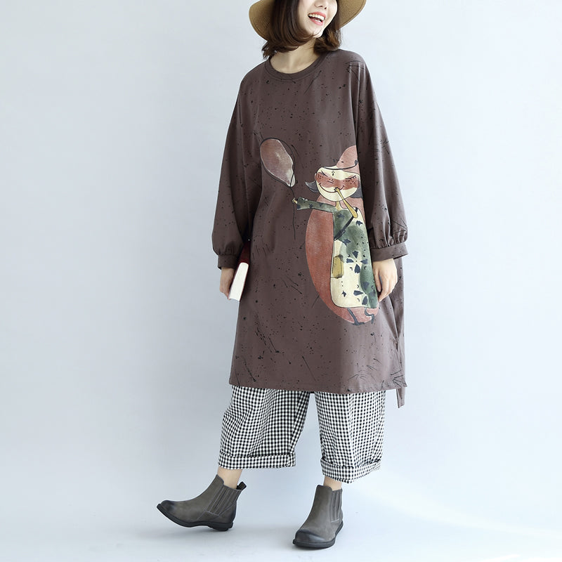 Herbst warme khaki Cartoon Print Baumwollkleider Plus Size Laternenärmel Pulloverkleid