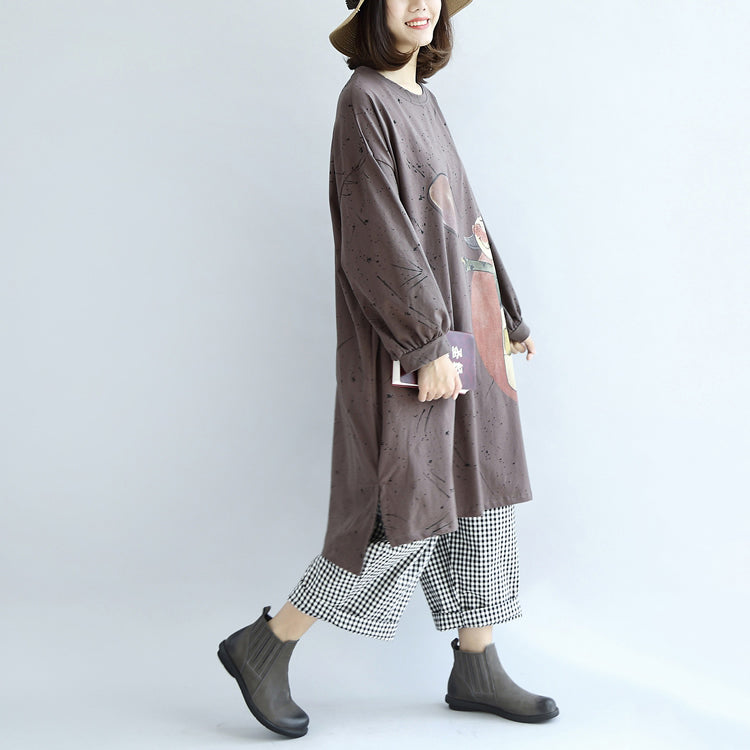 Herbst warme khaki Cartoon Print Baumwollkleider Plus Size Laternenärmel Pulloverkleid