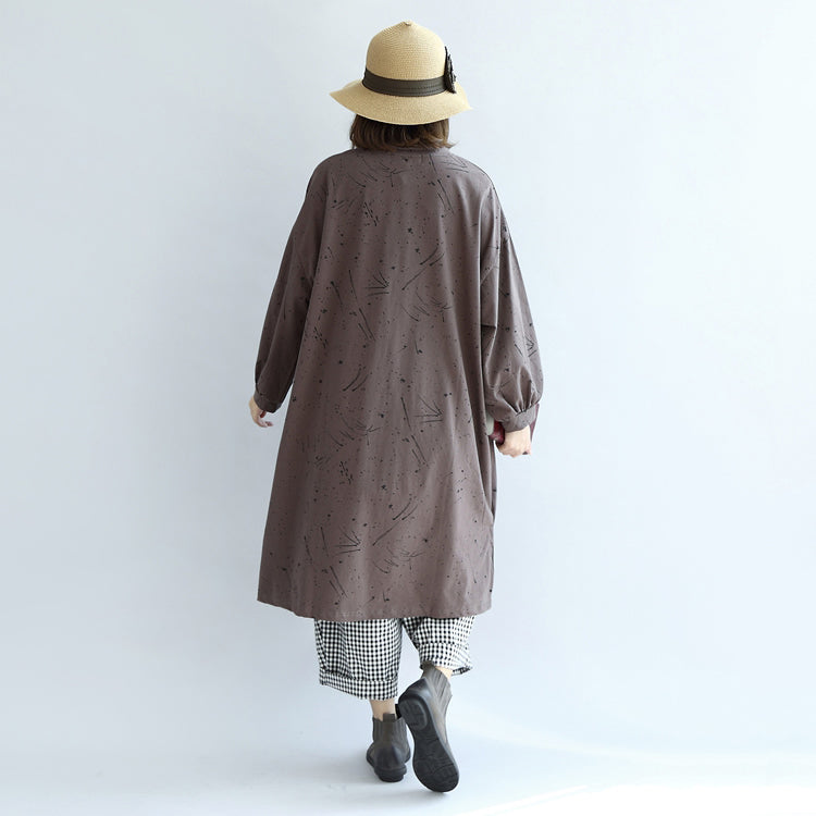 Herbst warme khaki Cartoon Print Baumwollkleider Plus Size Laternenärmel Pulloverkleid