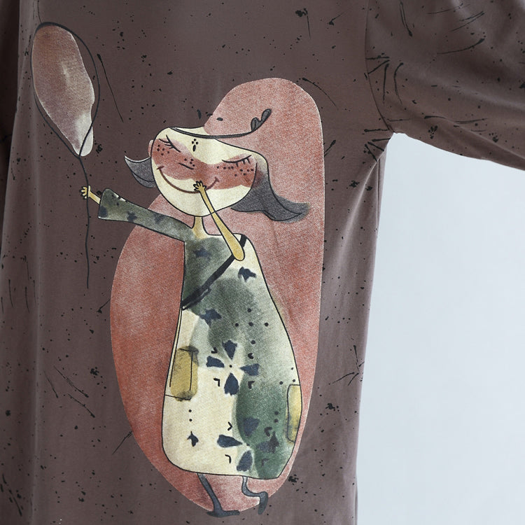 Herbst warme khaki Cartoon Print Baumwollkleider Plus Size Laternenärmel Pulloverkleid