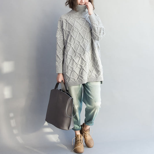 Herbstlicher warmer hellgrauer Baumwollpullover in Übergröße, gemütliche Fledermaus-Strickoberteile