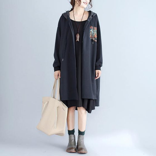 Herbst frauen druckt schwarz baumwolle strickjacke oversize mode fit kapuze graben