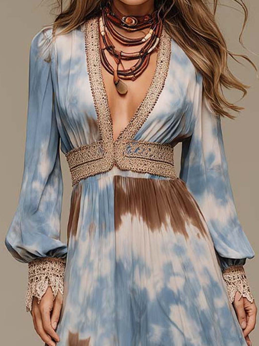 Bohemian Tie-dye Print Crochet Maxi Dress