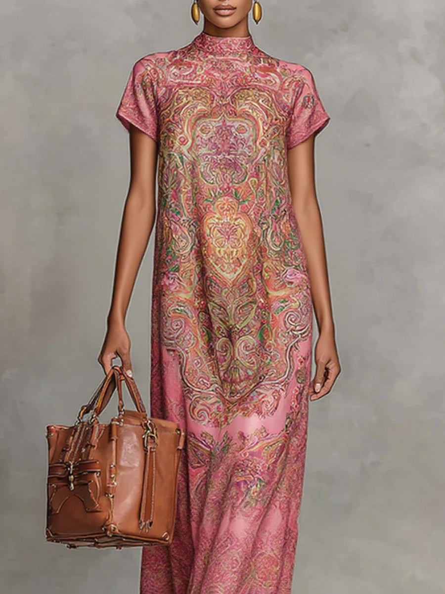 Contrast Floral Mock Neck Loose Maxi Dress