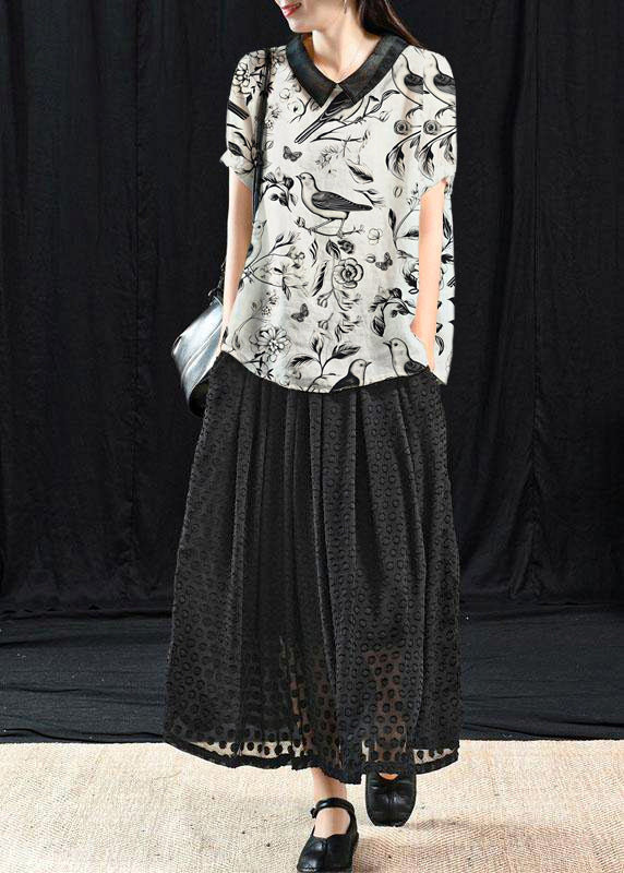 Böhmisches weißes Blumen-Patchwork-Umlegekragen-Sommer-Kurzarm-Top