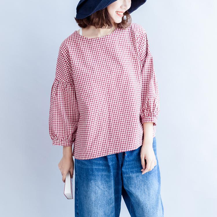 Baumwoll-T-Shirt mit Knopfleiste hinten, Oversize, lässig, rot-weißes Gittermuster, Langarmshirts