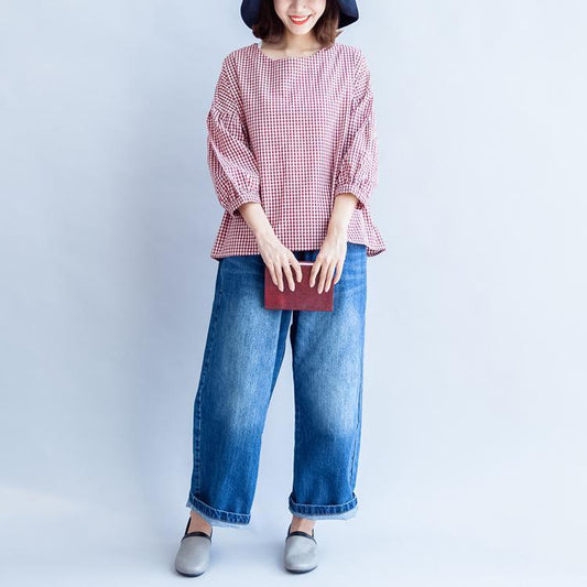 Baumwoll-T-Shirt mit Knopfleiste hinten, Oversize, lässig, rot-weißes Gittermuster, Langarmshirts