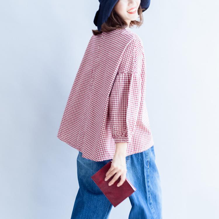 Baumwoll-T-Shirt mit Knopfleiste hinten, Oversize, lässig, rot-weißes Gittermuster, Langarmshirts