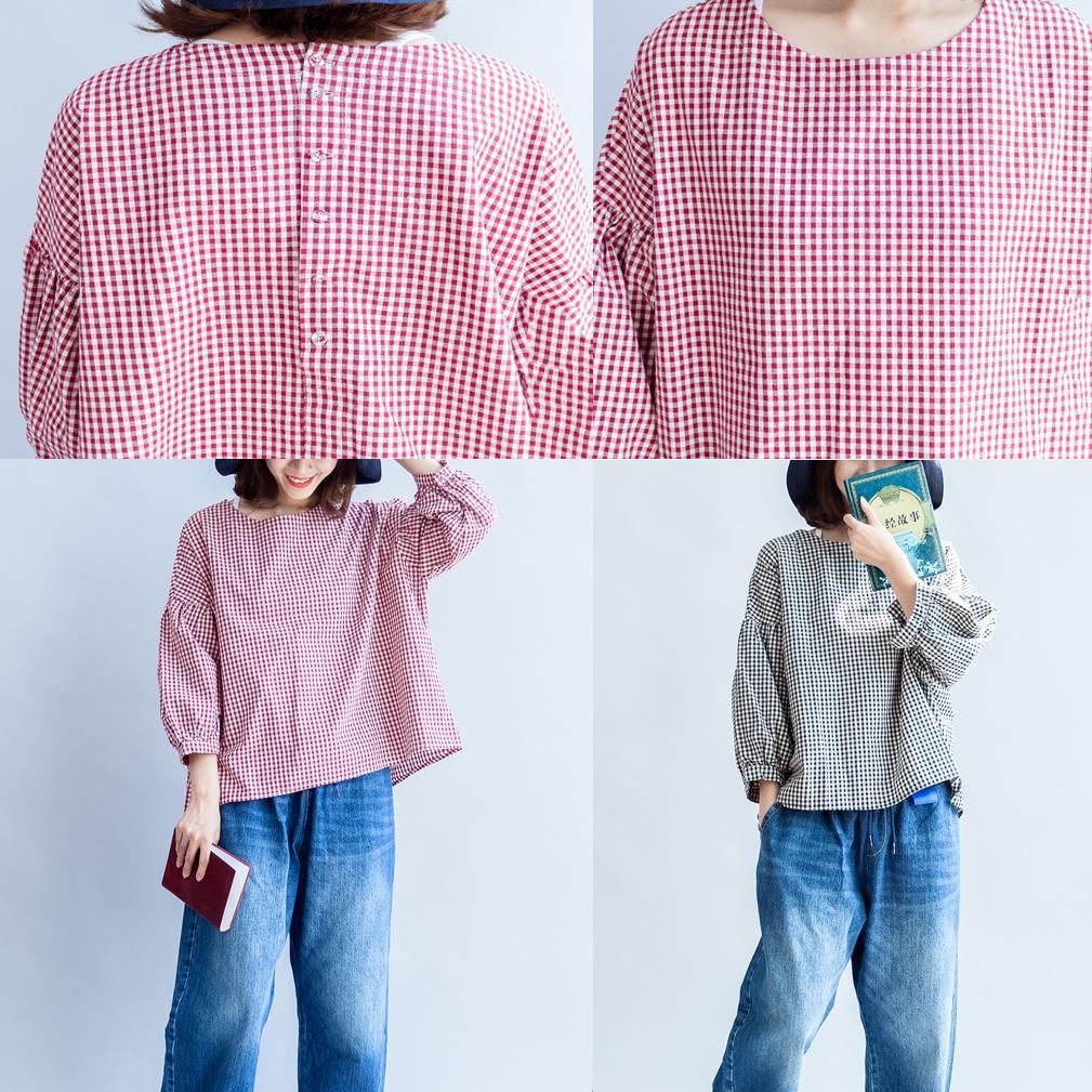 Baumwoll-T-Shirt mit Knopfleiste hinten, Oversize, lässig, rot-weißes Gittermuster, Langarmshirts