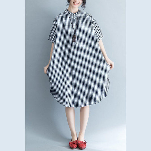 Baggy Plaid natürliche Baumwolle Kleid trendige Plus Size Baumwolle Kleidung Kleider elegante Kurzarm Stand Baumwolle Kleidung