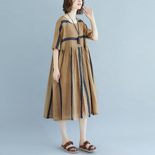 Baggy Tencel Chiffon Sommerkleid Plus Size Kurzarm Rundhals Taschen Streifen Plissee Schlitz Kleid