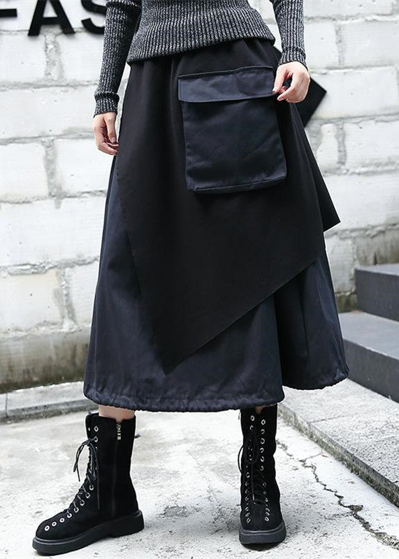 baggy schwarzer Midi-Rock Oversize Reisekleidung Patchwork Vintage asymmetrisches Design Herbstrock