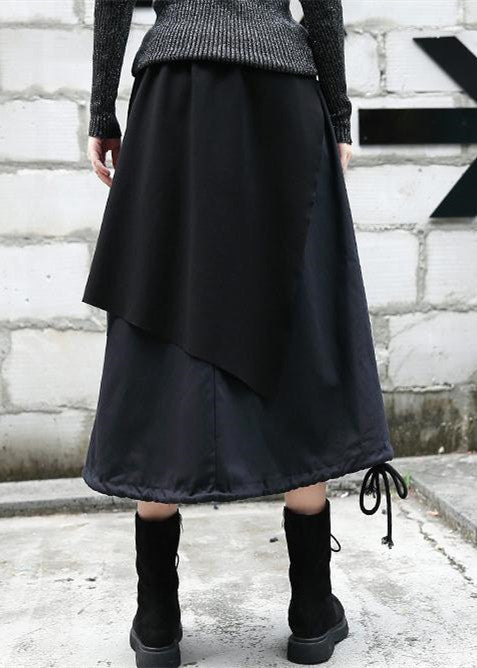 baggy schwarzer Midi-Rock Oversize Reisekleidung Patchwork Vintage asymmetrisches Design Herbstrock