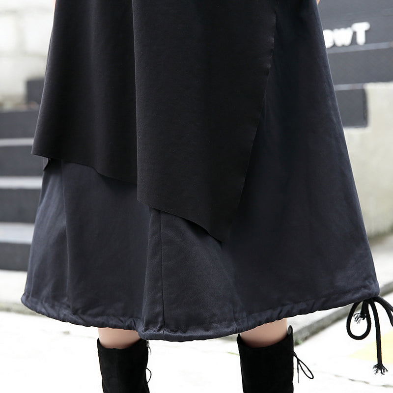 baggy schwarzer Midi-Rock Oversize Reisekleidung Patchwork Vintage asymmetrisches Design Herbstrock
