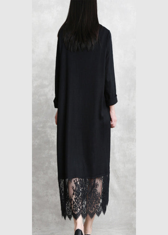 Baggy schwarze lange Wollmischkleider lässig O-Ausschnitt Patchwork Reisekleid Elegantes Langarm-Spitzen-Herbstkleid