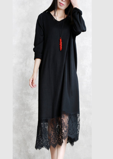 Baggy schwarze lange Wollmischkleider lässig O-Ausschnitt Patchwork Reisekleid Elegantes Langarm-Spitzen-Herbstkleid