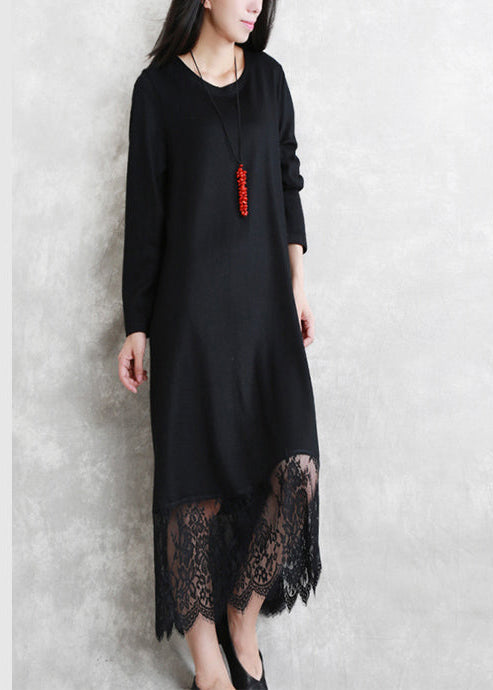 Baggy schwarze lange Wollmischkleider lässig O-Ausschnitt Patchwork Reisekleid Elegantes Langarm-Spitzen-Herbstkleid