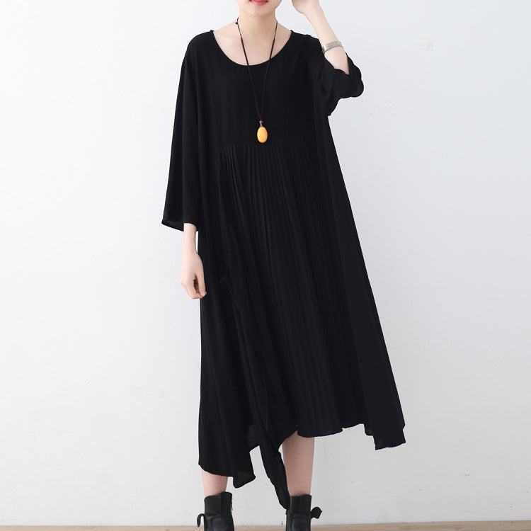 Baggy schwarzes natürliches Chiffonkleid in Übergröße, asymmetrischer Saum, Kaftane, neues O-Ausschnitt-Kleid