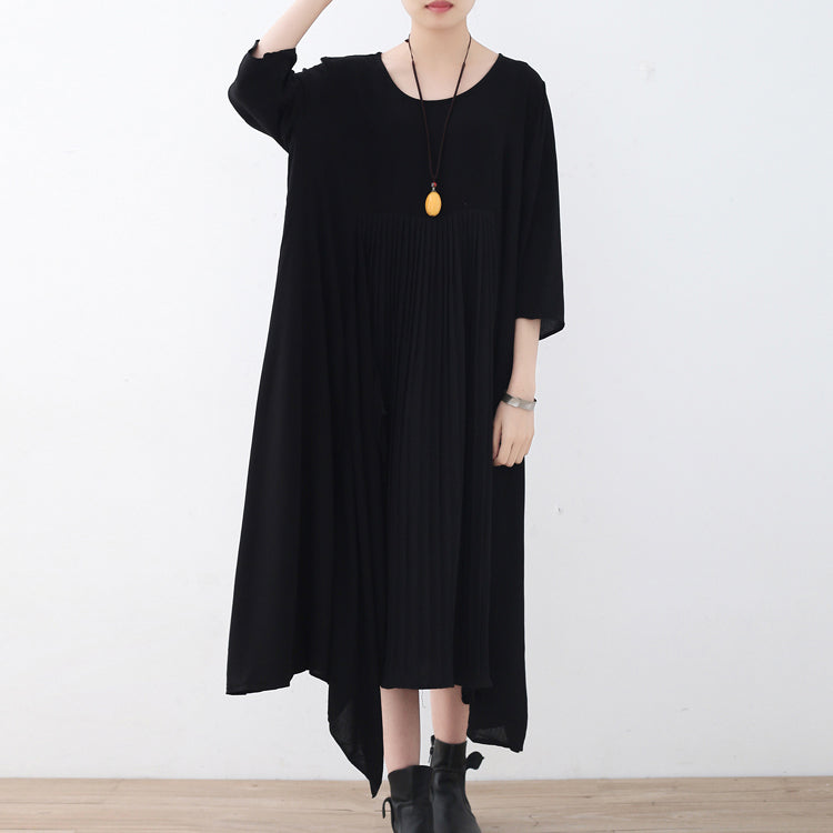 Baggy schwarzes natürliches Chiffonkleid in Übergröße, asymmetrischer Saum, Kaftane, neues O-Ausschnitt-Kleid