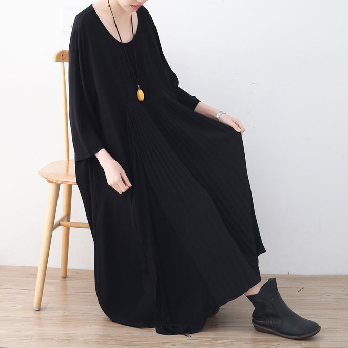 Baggy schwarzes natürliches Chiffonkleid in Übergröße, asymmetrischer Saum, Kaftane, neues O-Ausschnitt-Kleid