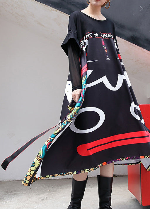 Baggy schwarzes Print langes Baumwollkleid lässiges Patchwork-Baumwollkleid mit Tüllkrawatte Neue Kleider mit asymmetrischem Saum