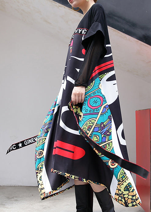 Baggy schwarzes Print langes Baumwollkleid lässiges Patchwork-Baumwollkleid mit Tüllkrawatte Neue Kleider mit asymmetrischem Saum