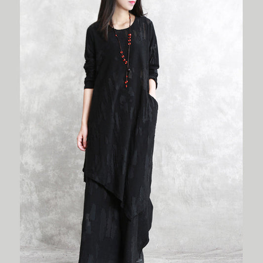 Baggy schwarze Bluse aus reiner Baumwollmischung in Übergröße, zweiteilig, neue langärmlige, asymmetrische Jacquard-Oberteile mit Rundhalsausschnitt
