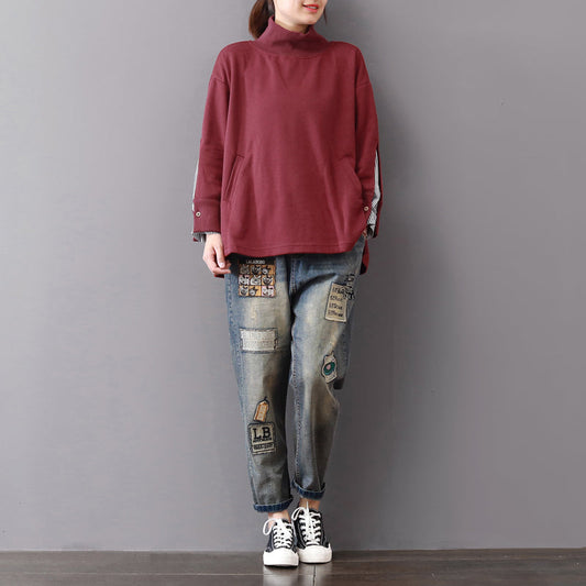 Baggy Burgunder Midi-Länge Baumwolle T-Shirt Plus Größe Reise Bluse Vintage Langarm Stehkragen Baumwolle Kleidung