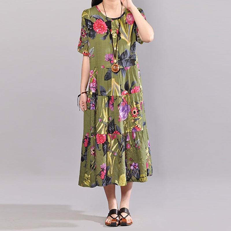 Baggy-Sommerkleid aus Baumwolle in Übergröße, Retro-Kleid mit Aufdruck, kurzärmeliges grünes Sommerkleid