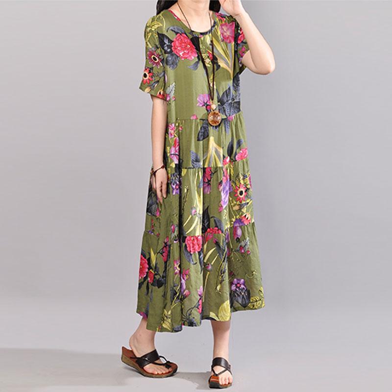 Baggy-Sommerkleid aus Baumwolle in Übergröße, Retro-Kleid mit Aufdruck, kurzärmeliges grünes Sommerkleid
