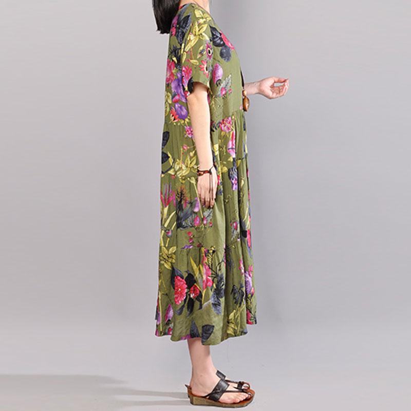 Baggy-Sommerkleid aus Baumwolle in Übergröße, Retro-Kleid mit Aufdruck, kurzärmeliges grünes Sommerkleid