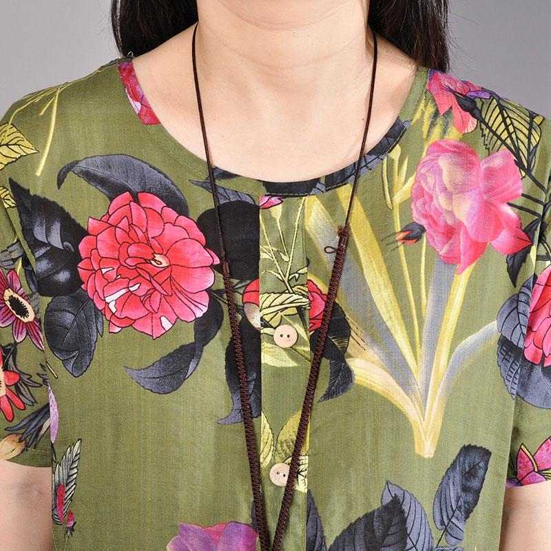 Baggy-Sommerkleid aus Baumwolle in Übergröße, Retro-Kleid mit Aufdruck, kurzärmeliges grünes Sommerkleid