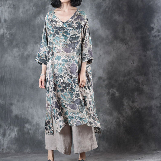 Baggy graues Leinen-T-Shirt in Midi-Länge, Leinen-Oberteile in Übergröße, neue Leinen-Oberteile mit halben Ärmeln und V-Ausschnitt, seitlich offen