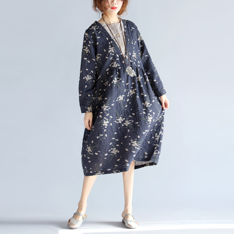 Baggy grau blau print baumwolle leinen kleid plus größe O neck baggy kleider reise kleidung casual langarm taschen kleider