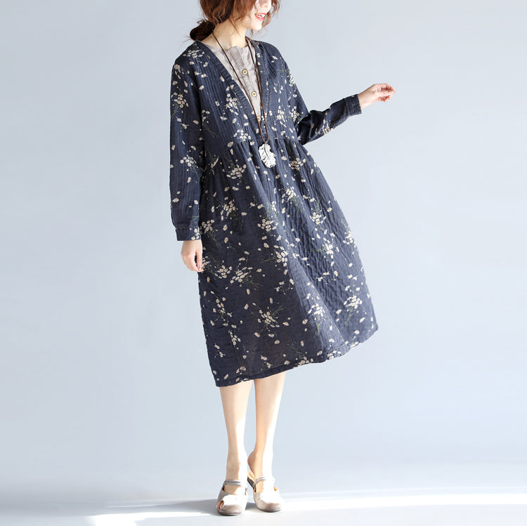 Baggy grau blau print baumwolle leinen kleid plus größe O neck baggy kleider reise kleidung casual langarm taschen kleider