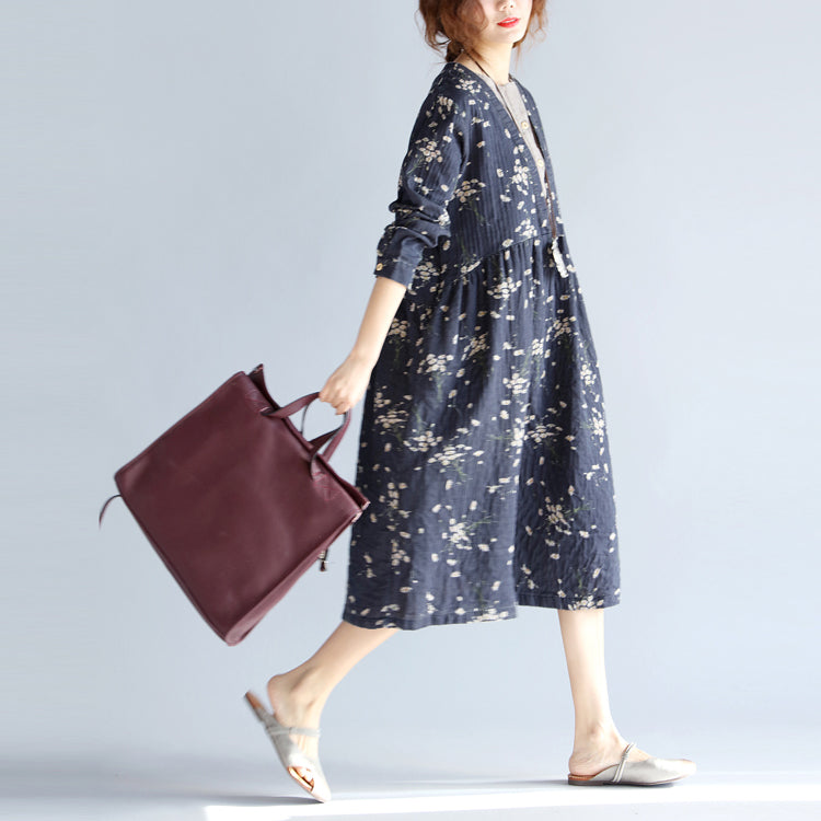 Baggy grau blau print baumwolle leinen kleid plus größe O neck baggy kleider reise kleidung casual langarm taschen kleider