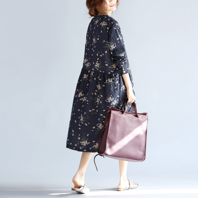 Baggy grau blau print baumwolle leinen kleid plus größe O neck baggy kleider reise kleidung casual langarm taschen kleider