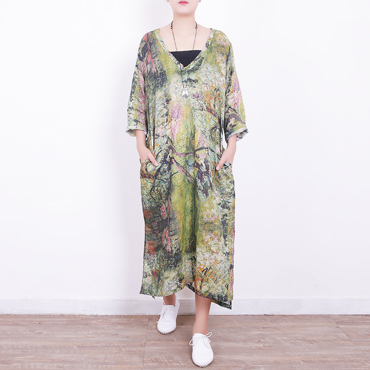 Baggy grünes Leinen Maxikleid Plus Size V-Ausschnitt Kleid Vintage seitlich offene Kaftane