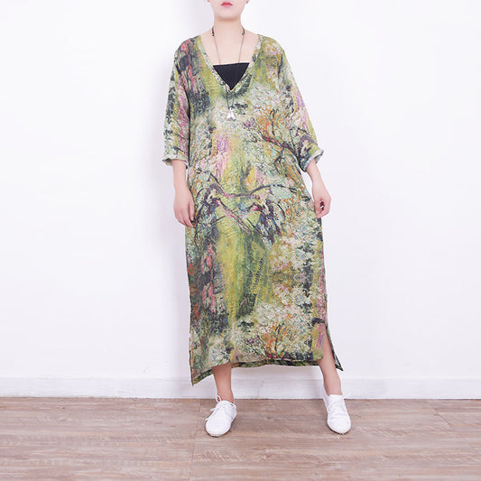 Baggy grünes Leinen Maxikleid Plus Size V-Ausschnitt Kleid Vintage seitlich offene Kaftane