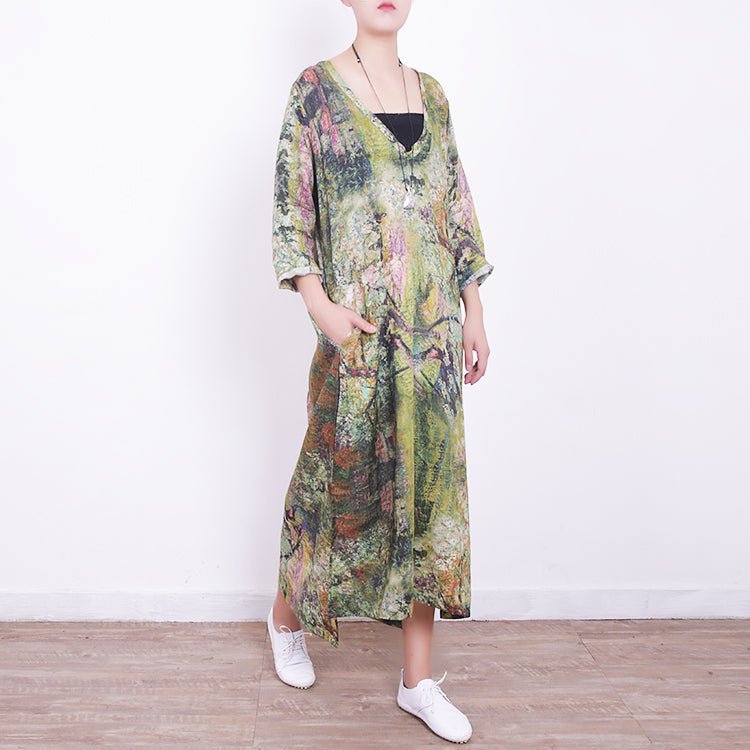 Baggy grünes Leinen Maxikleid Plus Size V-Ausschnitt Kleid Vintage seitlich offene Kaftane