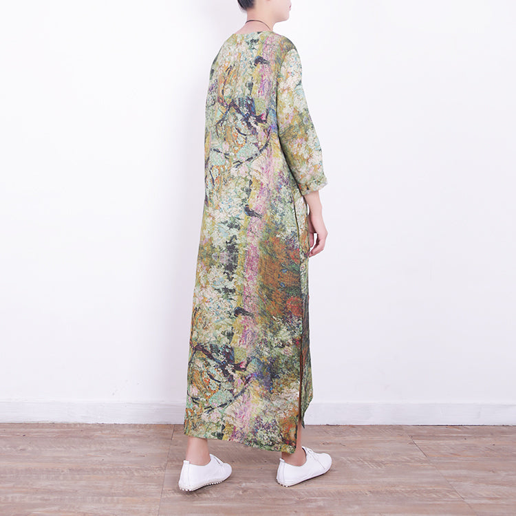 Baggy grünes Leinen Maxikleid Plus Size V-Ausschnitt Kleid Vintage seitlich offene Kaftane